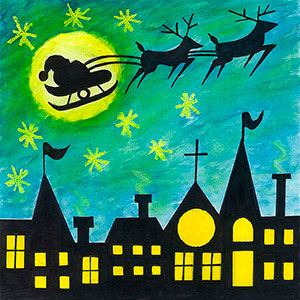 Santa & Reindeer Over Cambridge in Moonlight - Art - Christmas Cards - Creation Art Cards