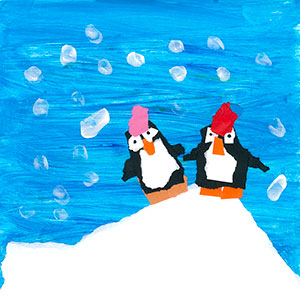 Two Penguins wearing hats on a Snowy Hill - Art - Christmas Cards - Creation Art Cards