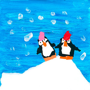 Two Penguins wearing hats on a Snowy Hill - Creation Art Cards