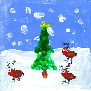 Three Reindeers & Christmas Tree - Fingerprint Painting - Creation Art Cards