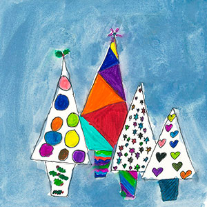 Christmas Trees - Paint & Crayon - School Christmas Card Project - Creation Art Cards