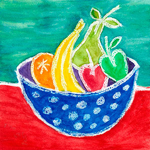 Wax Resist Bowl of Fruit - School Recipe Book Project